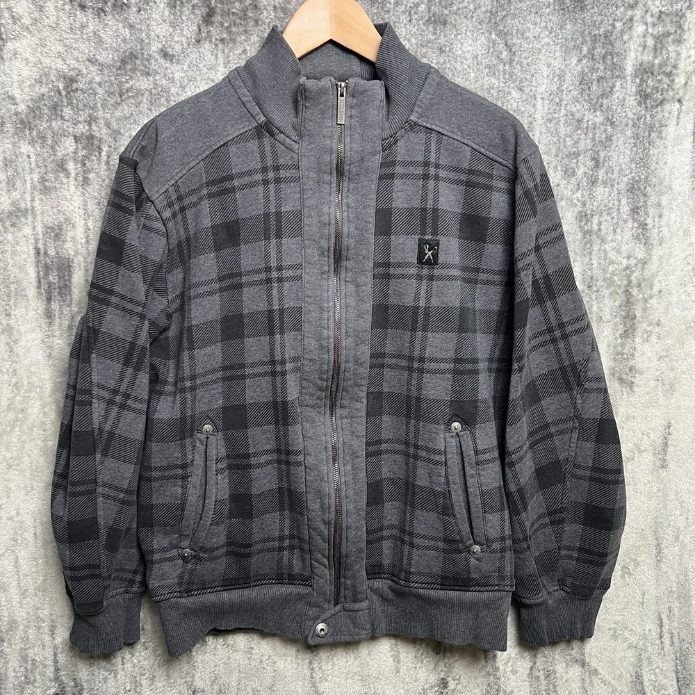 Marc Ecko Cut & Sew 100% Cotton Men's Zip Up Large Design Plaid Sweater